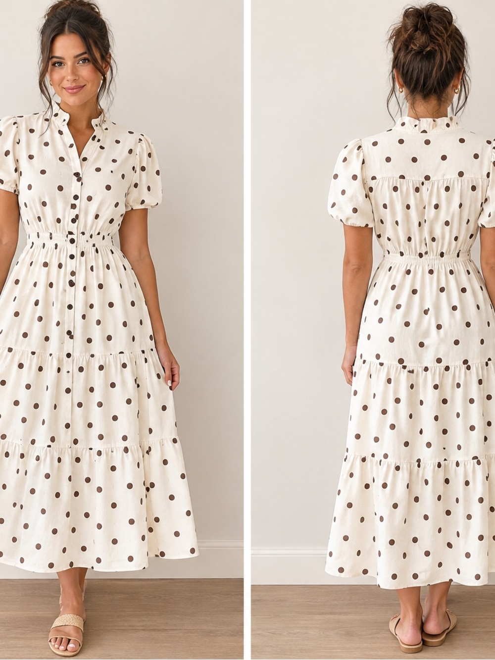 Monteau Cream Maxi Dress with Brown Polka Dots